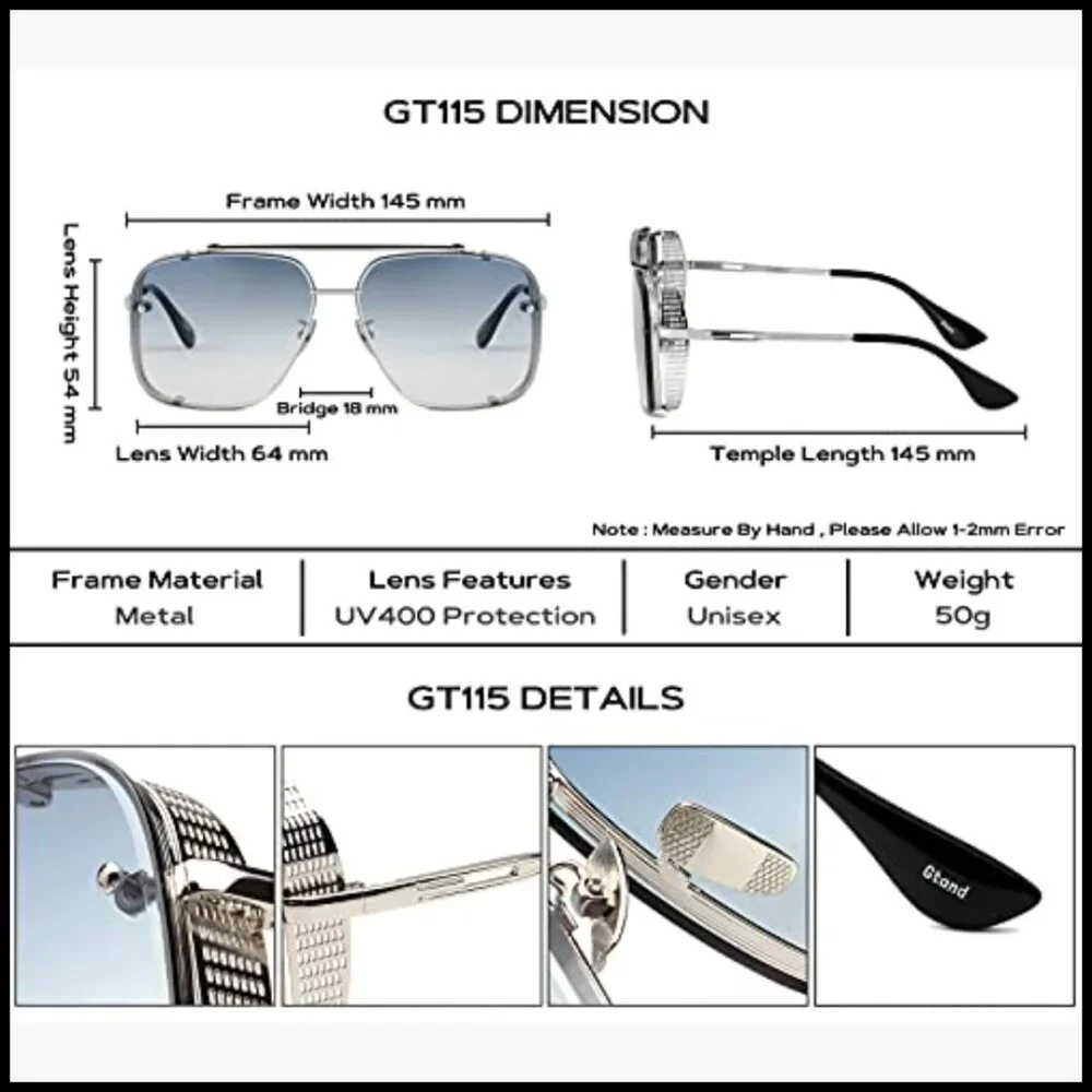 Oversized Square Aviator Sunglasses Metal Side Shield Steampunk